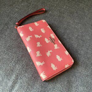 Coach Large Phone Wallet Bunny Script Print Bright Coral Wristlet 91830 NWT